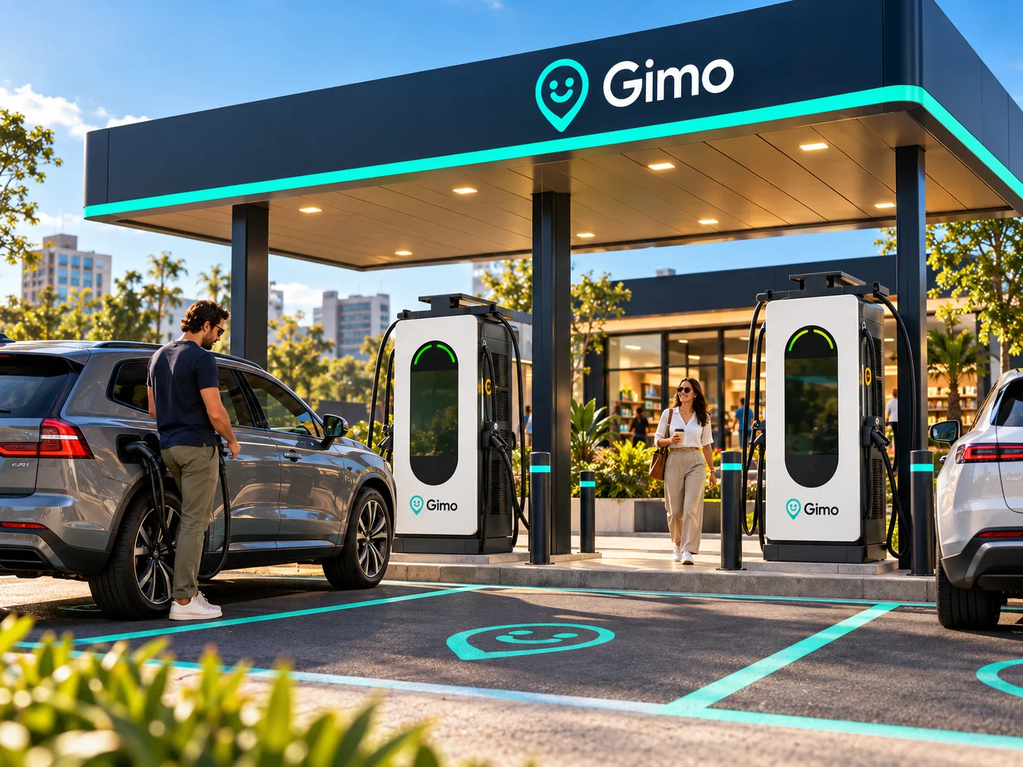 Renderização conceitual de um eletroposto Gimo em área urbana